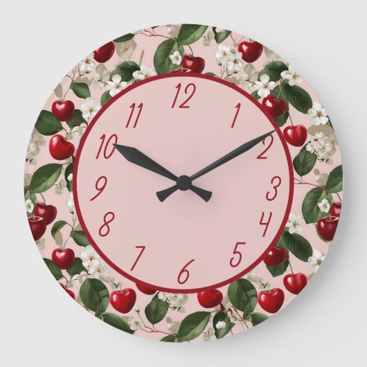 Kirschblüten- und rotes Frucht-Blumenmuster-Design Große Wanduhr (Vorderseite)