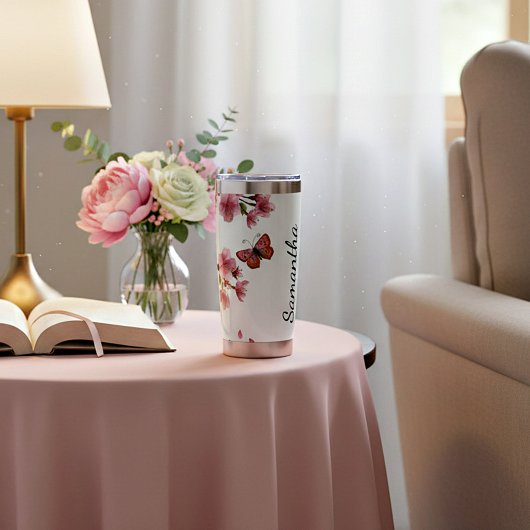 Kirschblüten und Schmetterlinge personalisiert Thermobecher