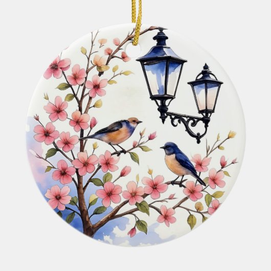 Kirschblüten und Vögel Keramik Ornament (Vorne)