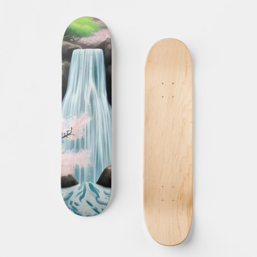 Kirschblüten und Wasserfall Skateboard (Vorderseite)