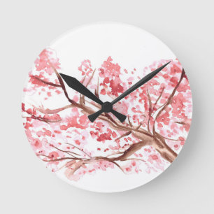 Kirschblüten-Wasserfarbenmalerei in Rosa Runde Wanduhr