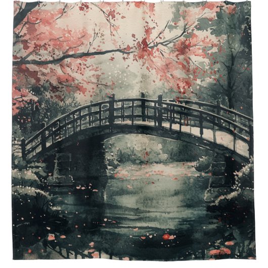 Kirschblütenbrücke Sumi-E-Landschaft (1) Duschvorhang (Vorderseite)