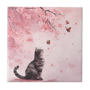 Kirschblütenkatze und Schmetterlinge (12) Fliese