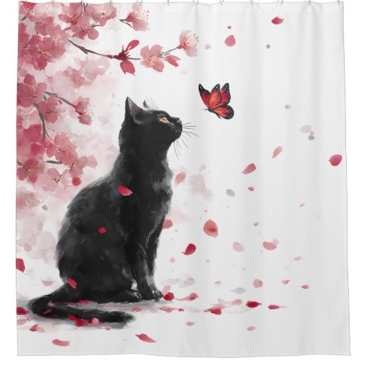 Kirschblütenkatze und Schmetterlinge (14) Duschvorhang (Vorderseite)