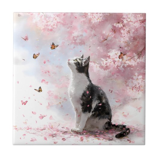 Kirschblütenkatze und Schmetterlinge (1) Fliese (Vorderseite)