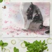 Kirschblütenkatze und Schmetterlinge (1) Geschirrtuch (Gefaltet)