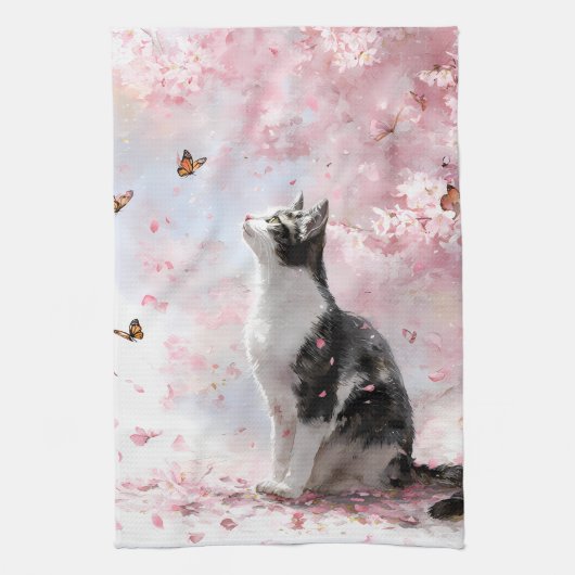 Kirschblütenkatze und Schmetterlinge (1) Geschirrtuch (Vertikal)