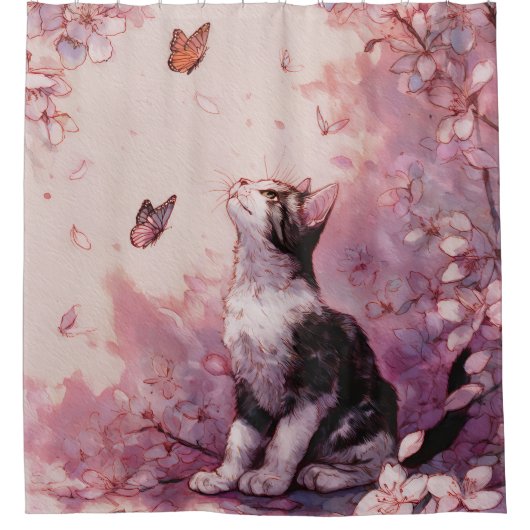 Kirschblütenkatze und Schmetterlinge (2) Duschvorhang (Vorderseite)