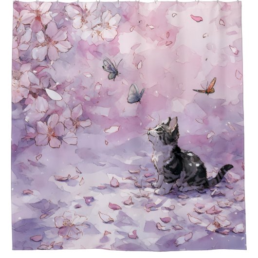 Kirschblütenkatze und Schmetterlinge (5) Duschvorhang (Vorderseite)