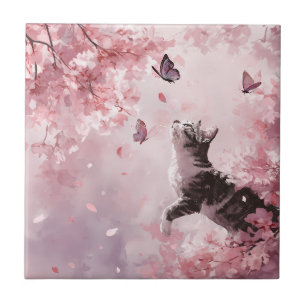 Kirschblütenkatze und Schmetterlinge (7) Fliese
