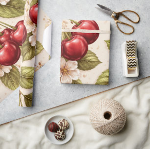Kirschblütenmuster rote Kirschen im Vintage-Stil  Geschenkpapier