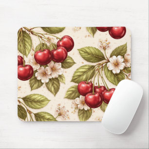 Kirschblütenmuster rote Kirschen im Vintage-Stil  Mousepad