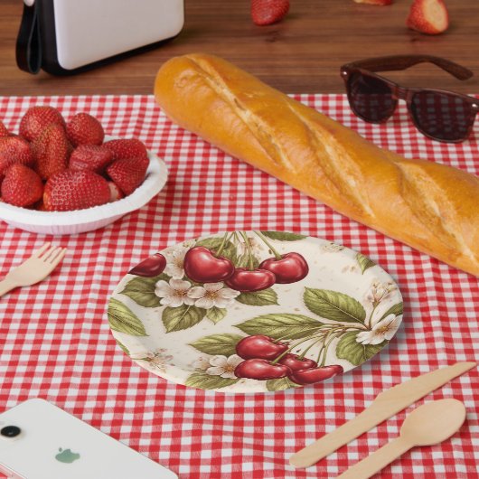 Kirschblütenmuster rote Kirschen Pappteller (Picknick)