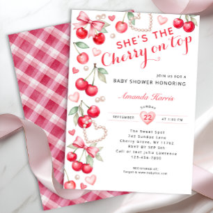 Kirsche auf dem Gipfel – Rosa Schleife & Gingham-B Einladung
