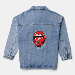 Kirsche auf dem Pop-Art-Rot-Lippen- und Saftigen-K Jeansjacke