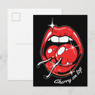 Kirsche auf dem Pop-Art-Rot-Lippen- und Saftigen-K Postkarte