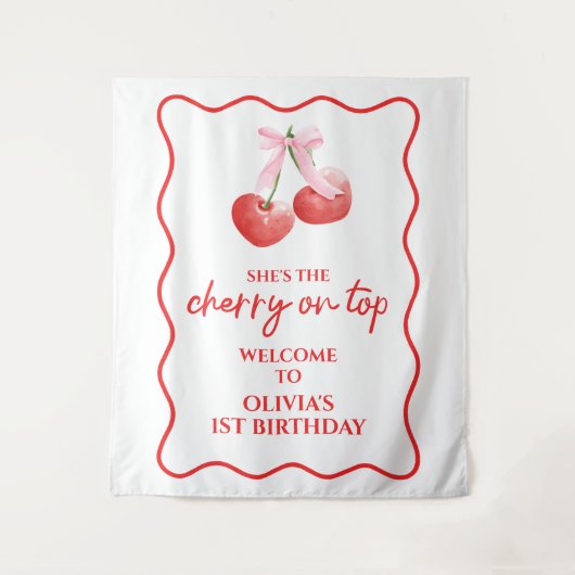 Kirsche auf rosa Schleife Geburtstag Preppy Wandteppich (Vorderseite)