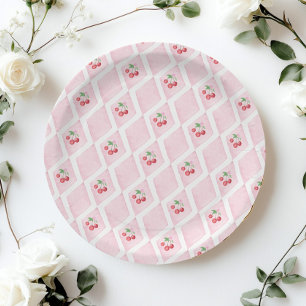 Kirsche auf Rosa Vintage-Kirsche-Babyparty Pappteller