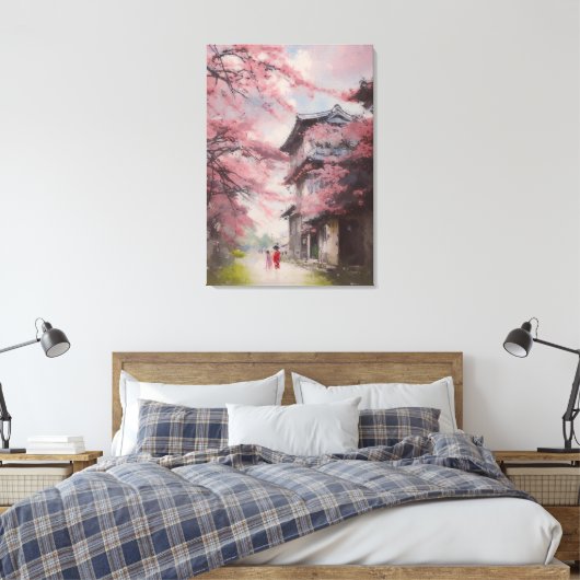 Kirsche blüht 1920 mit einem alten Haus in Japan Leinwanddruck (Insitu (Schlafzimmer))