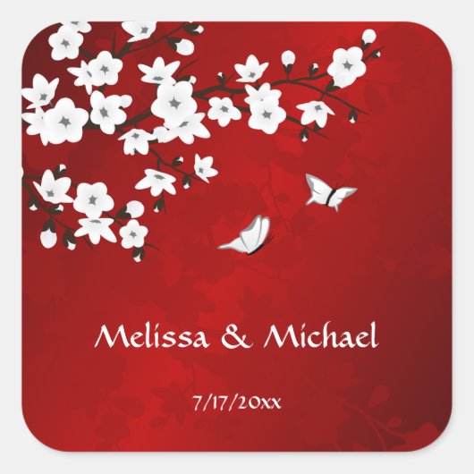 Kirsche blüht rot Schwarz und Weiß Quadratischer Aufkleber (Vorderseite)