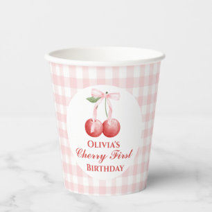 Kirsche erster Geburtstag Rosa Schleife Gingham Pappbecher