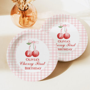 Kirsche erster Geburtstag Rosa Schleife Gingham Pappteller