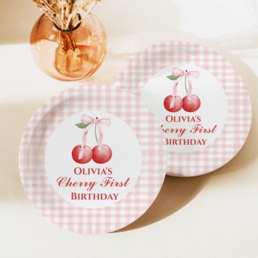 Kirsche erster Geburtstag Rosa Schleife Gingham Pappteller