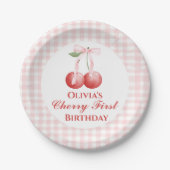 Kirsche erster Geburtstag Rosa Schleife Gingham Pappteller (Vorderseite)