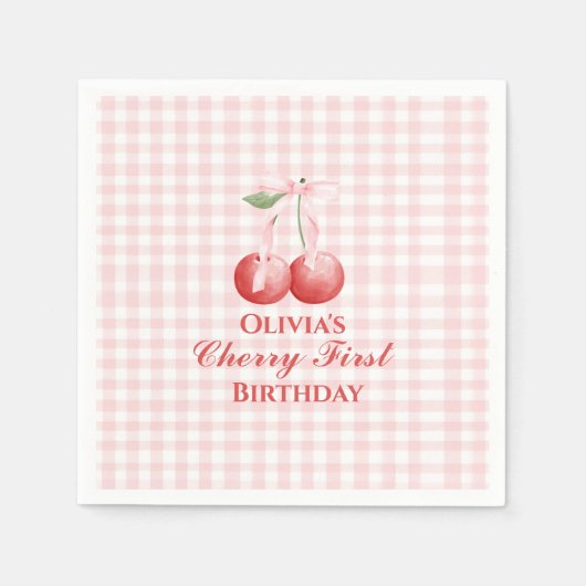 Kirsche erster Geburtstag Rosa Schleife Gingham Serviette (Vorderseite)