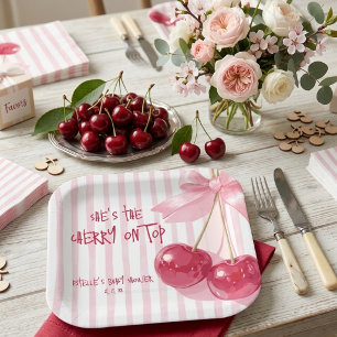 Kirsche Oben drauf Rosa Schleife Baby Mädchen Dusc Pappteller