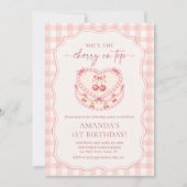 Kirsche Obenauf Rosa Gingham 1. Geburtstag Einladung (Vorderseite)