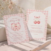 Kirsche Obenauf Rosa Gingham 1. Geburtstag Einladung