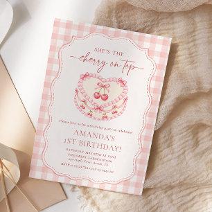Kirsche Obenauf Rosa Gingham 1. Geburtstag Einladung
