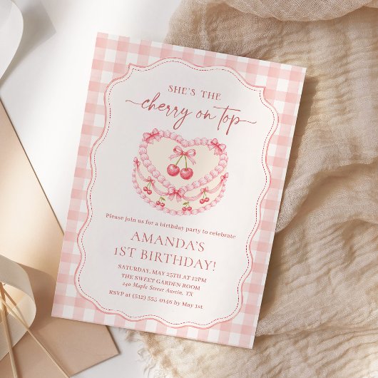 Kirsche Obenauf Rosa Gingham 1. Geburtstag Einladung