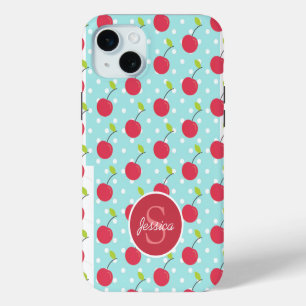 Kirsche und Blaues Punkte-Muster personalisiert iPhone 15 Plus Hülle