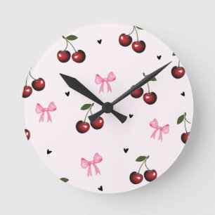 Kirsche- und rosa Schleifenmuster - Coquette-Ästhe Runde Wanduhr