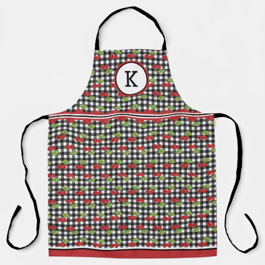 Kirschen auf schwarzem Gingham mit Monogramm Schürze (Vorderseite)