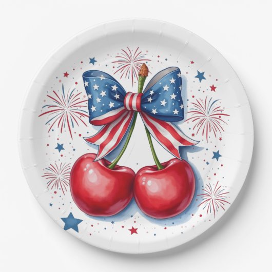 Kirschen mit Coquette Bow 4. Juli Amerikaner Pappteller (Vorderseite)