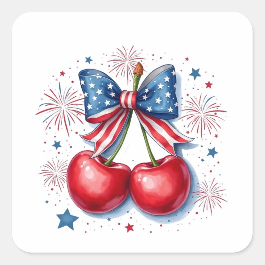 Kirschen mit Coquette Bow 4. Juli Amerikaner Quadratischer Aufkleber (Vorderseite)