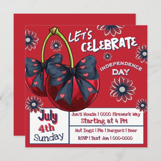 Kirschen mit Coquette Bows Rot Weiß und Blau Einladung (Vorne/Hinten)