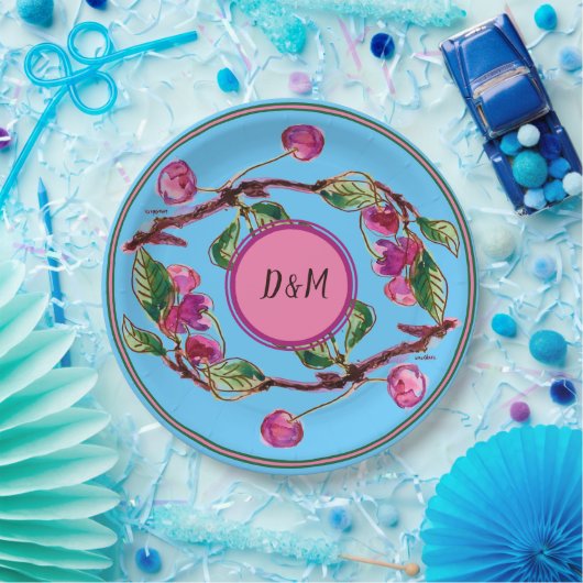 Kirschen Pink Frucht auf Türkis mit Initials Pap Pappteller (Party)