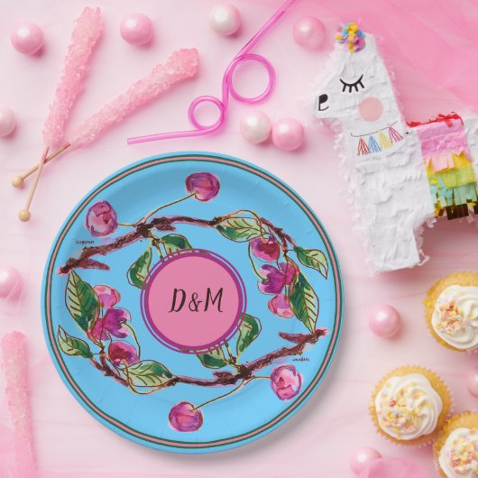 Kirschen Pink Frucht auf Türkis mit Initials Pap Pappteller (Party)