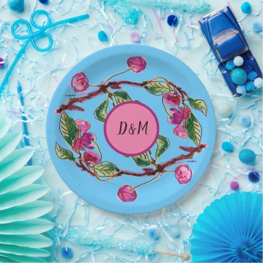 Kirschen Rosa Früchte auf Türkis mit Initialen Pappteller (Party)