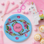 Kirschen Rosa Früchte auf Türkis mit Initialen Pappteller (Party)