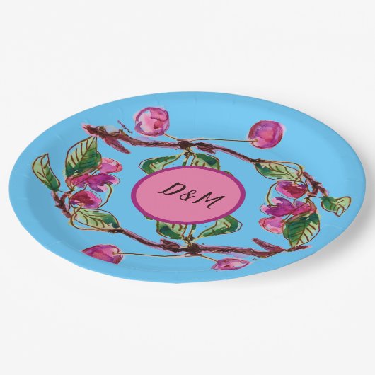 Kirschen Rosa Früchte auf Türkis mit Initialen Pappteller (Schrägansicht)