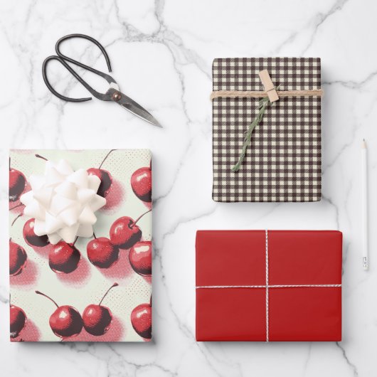 Kirschen und Gingham Geschenkpapier Set (Vorderseite)