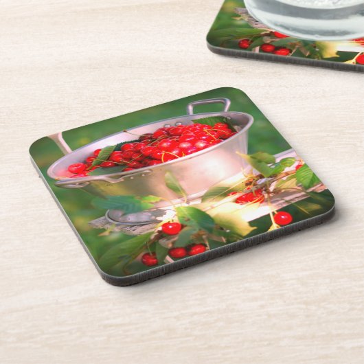 Kirschernte, Hütte Garten Rosalinde Getränkeuntersetzer (Linke Seite)