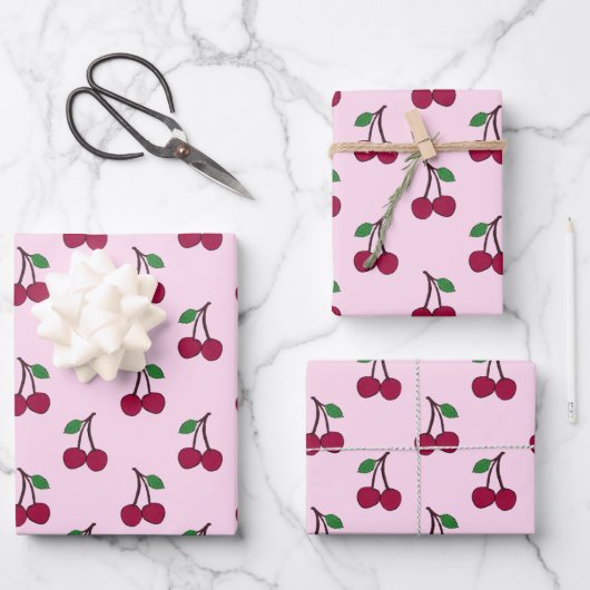 Kirschfruchtmuster in Rosa und Rot Geschenkpapier Set (Vorderseite)