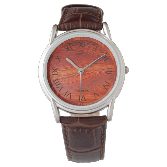Kirschholzstruktur mit individuellem Monogramm. Armbanduhr (Vorderseite)