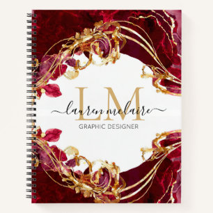 Kirschrot und Gold Monogramm-Name-Script-Notizbuch Notizblock